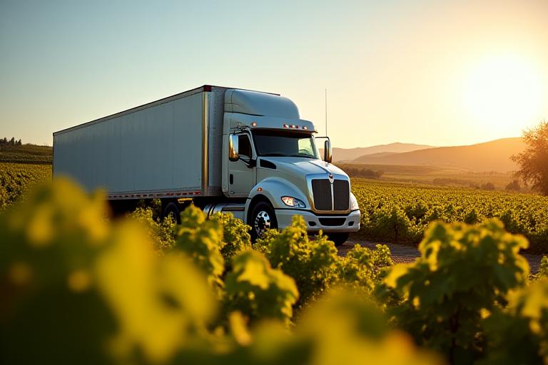 Temperature-controlled truck hauling bulk grapes through Sonoma County vineyards