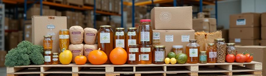 Organic produce pallets and honey farm goods staged for distribution from Santa Rosa logistics hub